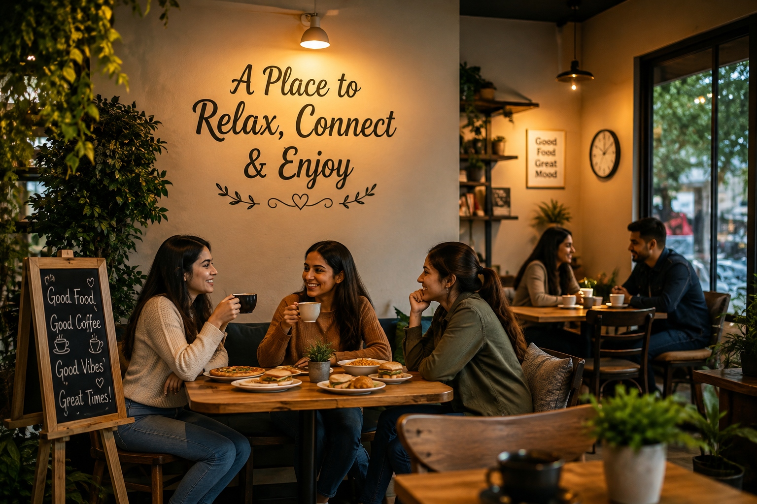 Corner Cafe Our Story featuring a cozy cafe interior where customers relax, connect, and enjoy coffee, food, and memorable moments together.